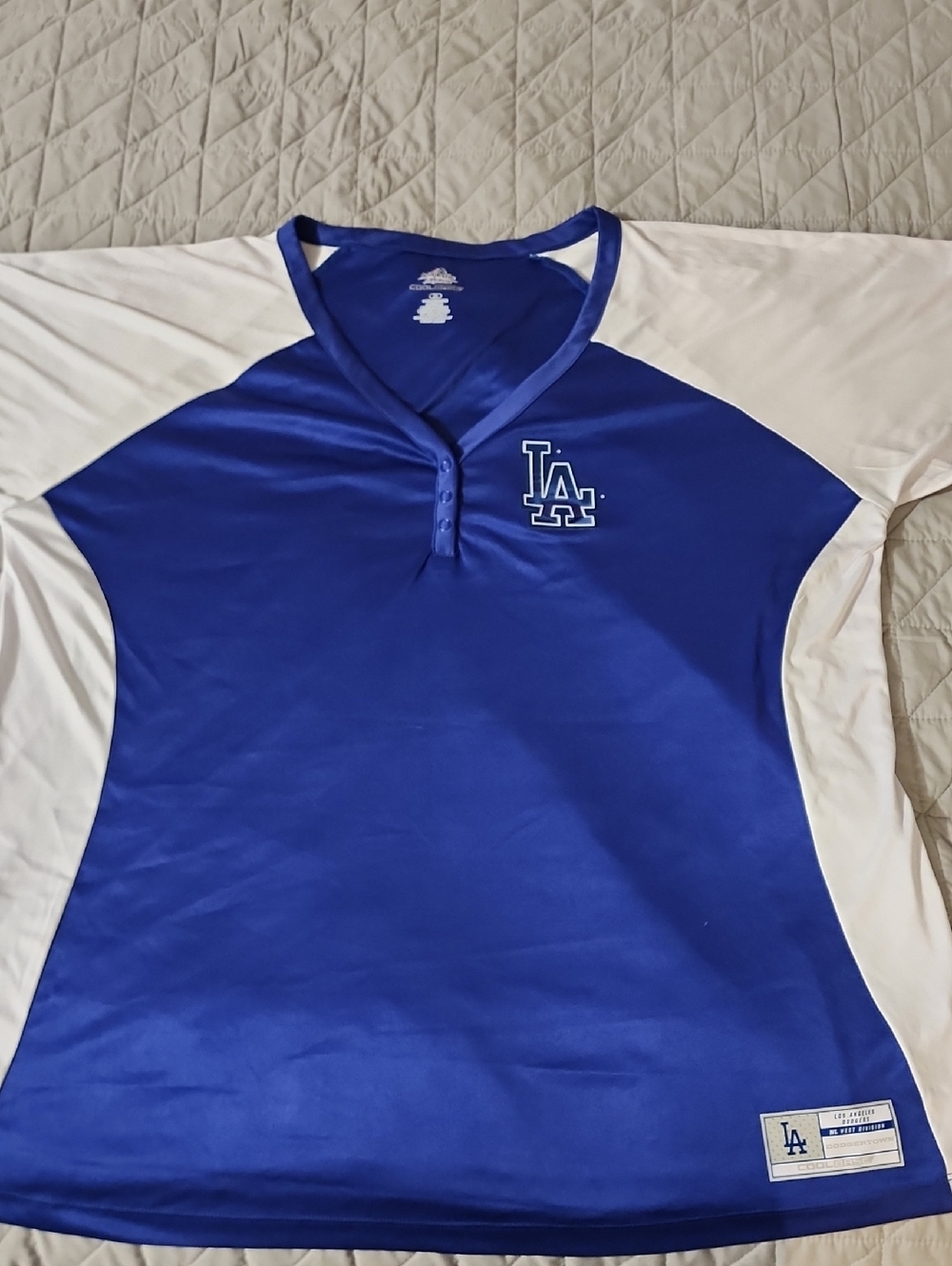 Los Angeles Dodgers Women's Royal Blue and White Raglan Henley Jersey